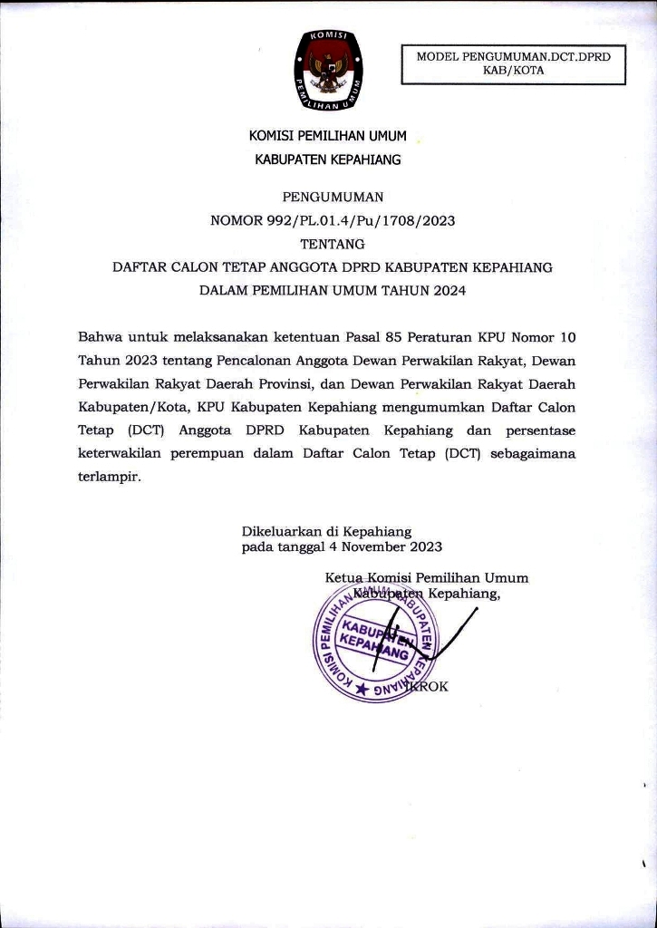 Pengumuman Daftar Calon Tetap Anggota DPRD Kabupaten Kepahiang Untuk